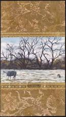 Acrylic on panel, 3d printed gilded ABS, carved ply, etched bronze plate