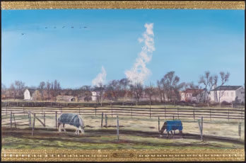 Acrylic on panel, 3d printed gilded ABS, bronze etched plate