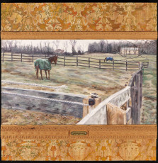 Acrylic on panel, carved oak and ply, bronze etched plate